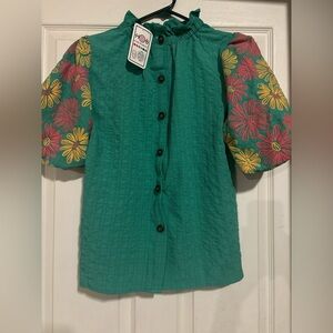 House of barvity Green Blouse with Floral Sleeves